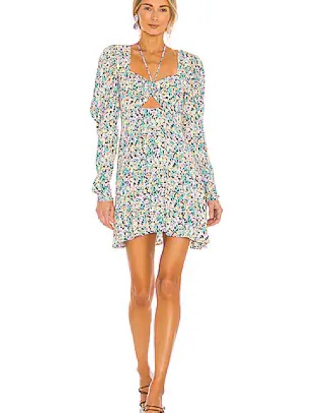 AFRM Black Boho Multi Floral Long-Sleeve Mini Dress with Front Twist Cutout